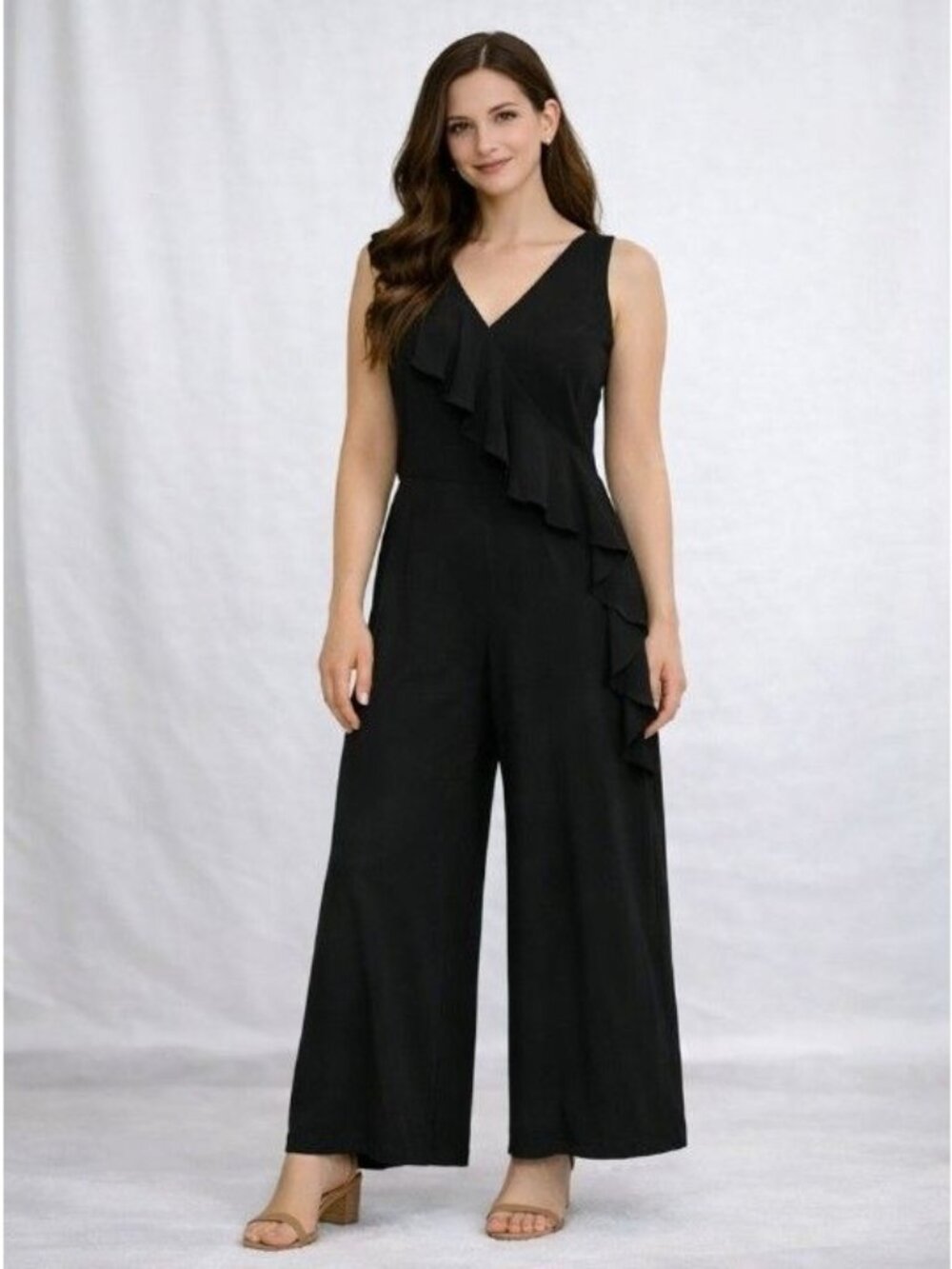 Connected Apparel Jumpsuit Women Size 6 Black V Neckline Chiffon Ruffle Cascade